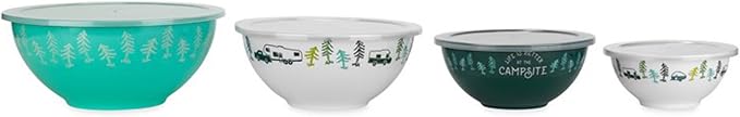 Camco Life is Better at The Campsite Nesting Bowl Set, Includes (4) Durable Melamine Bowls with (4) Plastic Lids Suitable for On-The-Go Lifestyles