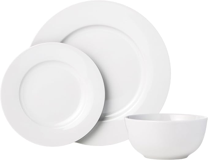 Amazon Basics Porcelain Dinnerware Set, Microwave and Dishwasher Safe, Service for 6, 18-Piece, Plates, Bowls, White