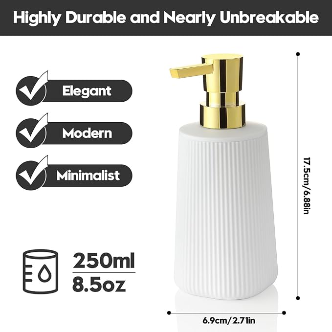 YAUKPH Small Soap Dispenser for Bathroom and Kitchen Matte White and Gold | Modern Farmhouse Striped Style Plastic Hand Soap Dish Soap Dispenser with Pump