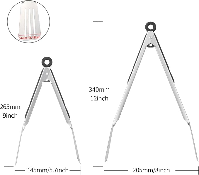 Tongs for Cooking, Set of 2 Metal Spatula Tongs for Grilling, Black | 9 inch & 12 inch, Flat Spatula Head, Comfortable Handle, Strong Grip, Easy Pull Lock, Flipping Utensil
