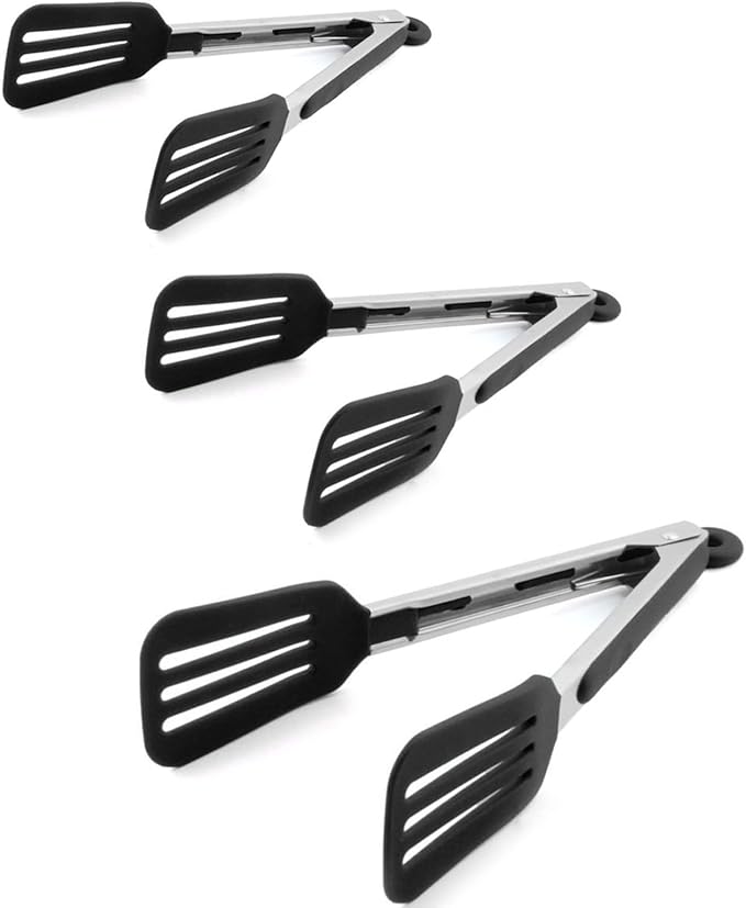 3 PCS Stainless Steel & Silicone Cooking Tongs Set (7", 9", 12") | Heat Resistant, Non-Stick, Locking Handle, Dishwasher Safe, for Grilling Steak Salad Pasta Buffet Serving, Black