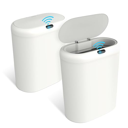Naisu 4 Gallon Automatic Sensor Trash Can with Lid, 2 Pack Sealed Slim Design Waterproof Bathroom & Kitchen Garbage Bin, Motion Sensor Technology, Ideal for Small Spaces (White)