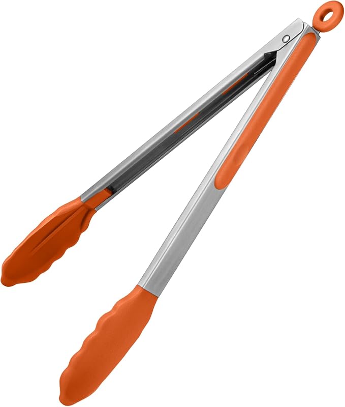 U-Taste Kitchen Tong for Cooking, 600ºF Heat-Resistant Tps, 12in/Orange | Large Tongs for Serving Food, Big Rubber Tong for Grill/BBQ, Silicone Tips & 18/8 Stainless Steel Handle, Smooth Locking