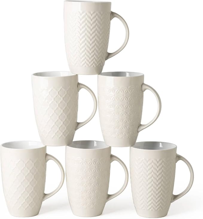 AmorArc 20 oz Large Coffee Mugs Set of 6, Tall Ceramic Coffee Cups-Beige | 3 Assorted Designs, Embossed Ceramic Coffee Mugs with Large Handle for Coffee/Tea/Cappuccino, Dishwasher&Microwave Safe