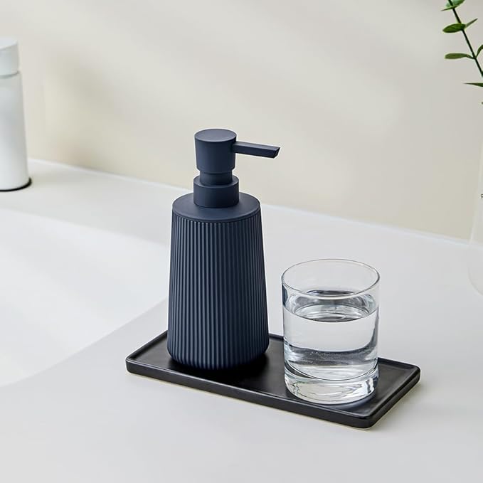 Small Soap Dispenser for Bathroom and Kitchen Matte Blue | Modern Farmhouse Striped Style Plastic Hand Soap Dish Soap Dispenser with Pump