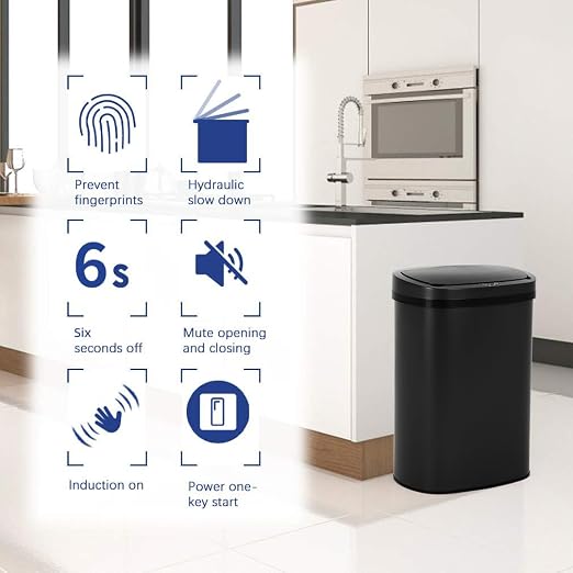 BestOffice | 13 Gallon Stainless Steel Trash Can with Lid | Black | Automatic Touchless Garbage Can | Odor Control | Modern Oval Design | Easy to Clean | For Kitchen, Bathroom, Office or Home