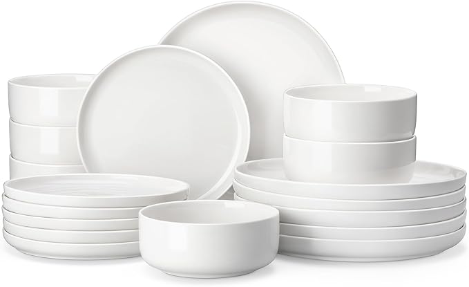 MALACASA 18 Pcs Porcelain Plates and Bowls Sets,Dinnerware Set for 6,White | Modern Ceramic Dishware,Kitchen Dining Ware,Microwave and Dishwasher Safe,Simple Solid White Design,Series LUNA