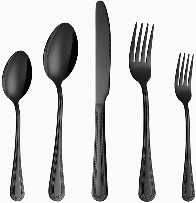 Silverware Set,20-Piece Stainless Steel Flatware Set for 4 | Food-Grade Stainless Steel Cutlery Set,Dishwasher Safe,Mirror Finished Utensil Sets for Home Restaurant,Pearl-Edged,Black