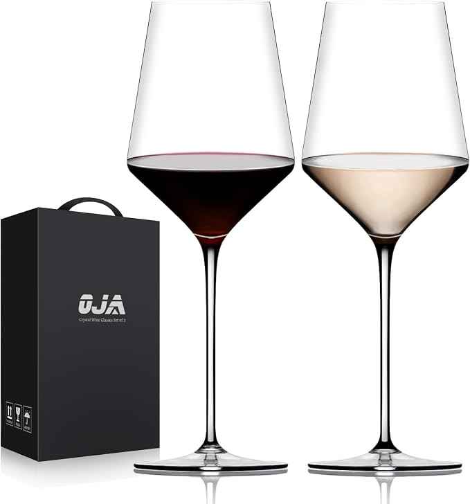 OJA Wine Glasses Set, Crystal Red Hand Blown Wine Glass, Set of 2, 15 oz | Long Stem, Thin Rim, Premium, Perfect for Red or White, Daily Use, Unique Wedding Anniversary or Birthday Gift
