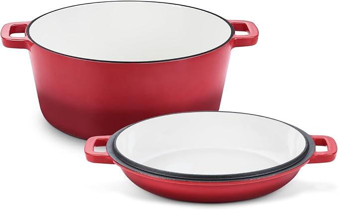 TeamFar 5qt Dutch Oven, Pre-seasoned Cast Iron for Bread Baking, Red | 2-in-1 Bread Pan with Skillet Lid, Oven & Stovetop Safe for Baking Frying Stewing Grilling, Home Use Or Outdoor Camping