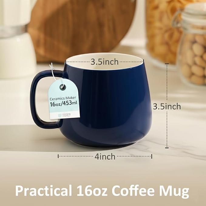 Teocera 16oz Ceramic Coffee Mugs Set of 4 – Stackable Latte Cups, Microwave, Dishwasher & Oven Safe – Ideal for Coffee, Cappuccino, Hot Chocolate, Housewarming Gifts, Dark Blue