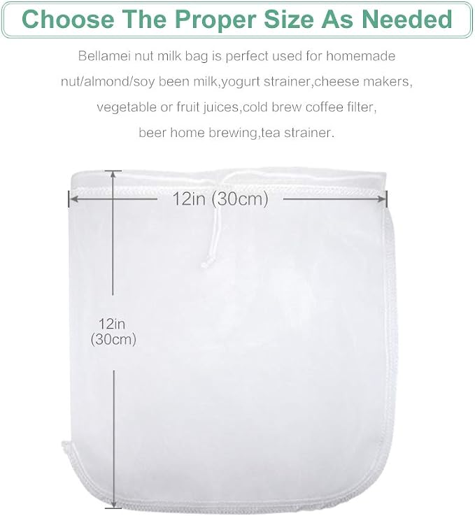 Nut Milk Bag Reusable 2 Pack Food Strainer Nut Bag(12×12 in) | for Straining Almond/Soy Milk Greek Yogurt Cold Brew Coffee Tea Beer Celery Juice Fine Nylon Mesh