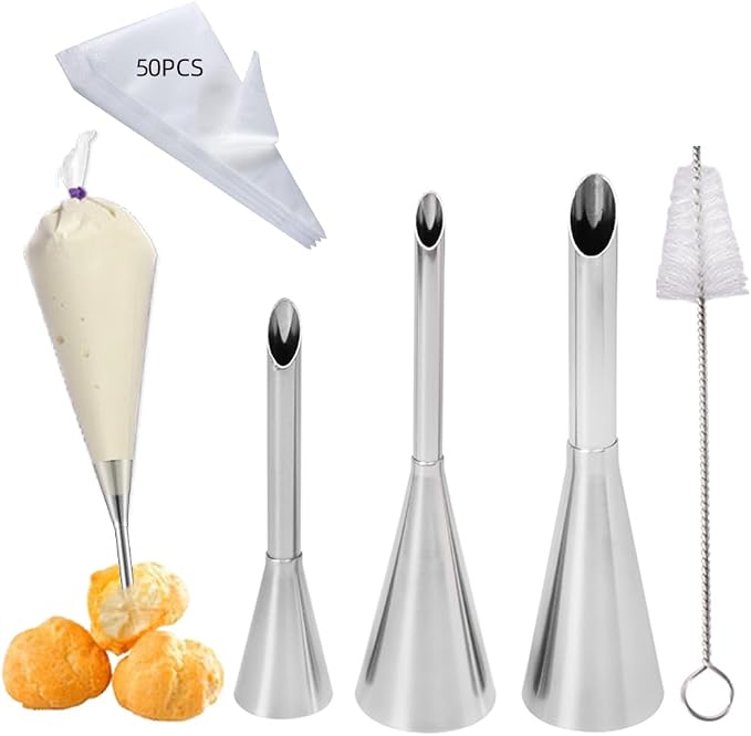 3PCS Puff Cream Filling Piping Tips with 50Piping Bags for Donuts,Eclairs | Long Piping Nozzle Tips,Puff,Eclairs,Cream Filling Nozzles,Cream Injector Tips,donut filler injector,with Tip Cleaning Brush