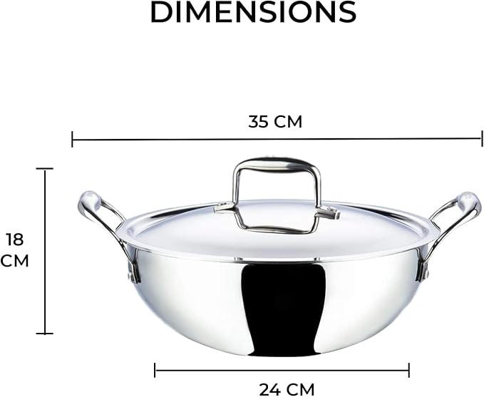 Vinod Platinum Extra Deep Kadai, 24cm, Stainless Steel, Durable Cookware | 3.3 Litre Capacity Wok For Home Kitchens; Great For Curries, Frying And Everyday Indian Cooking