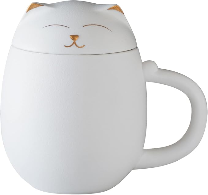 HEER Cat Ceramic Tea Mug 13.5oz with Infuser and Lid, White | Cat Lover & Cat Mom Birthday Gift for Women, Perfect for Loose Leaf Tea, Tea Strainer Cup for Home & Office Use