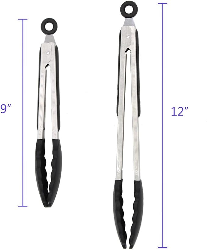 2 Pack Silicone Kitchen Tongs, 9 & 12 Inch, Stainless Steel, Black