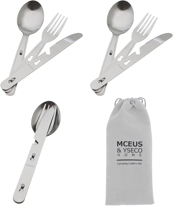 4-in-1 Camping Utensils Hiking Cutlery Set with Carrying Bag - 3 Pack | Portable Stainless Steel Flatware Spoon Fork Knife & Bottle Opener Combo for Picnic Travel, Backpack Outdoor Gear, Lunch Box