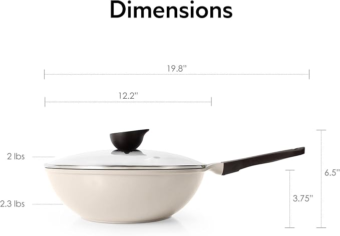 Neoflam Eela 12'' Non Stick Chef's Wok with Glass Lid, Stir Fry Pan and POFA-Free Ceramic Coating for Cooking Saute Vegetables, Meat, Fish, 12 inch, Ivory (Handle assemble required)
