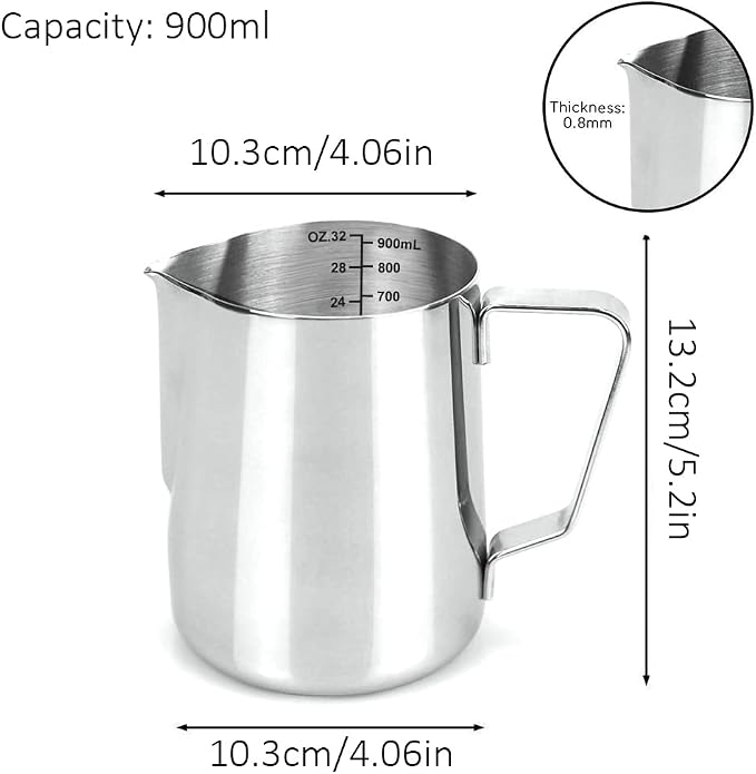 32oz Milk Frothing Pitcher, Stainless Steel Espresso Latte Cup Steaming Pitcher Creamer Cup, Milk Frother Cup Espresso Machine Accessories Barista Tools Jug for Coffee Cappuccino with Latte Art Pen