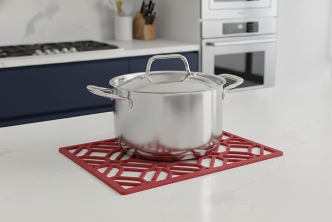 GASARÉ, Extra Large, Thick, Silicone Trivet for Hot Dishes, Pots, and Pans, Heat Resistant Mat for Countertop, Hot Pad for Kitchen, Easy to Clean, 16 x 12 x 3/8 Inches, (Red, Geometric)