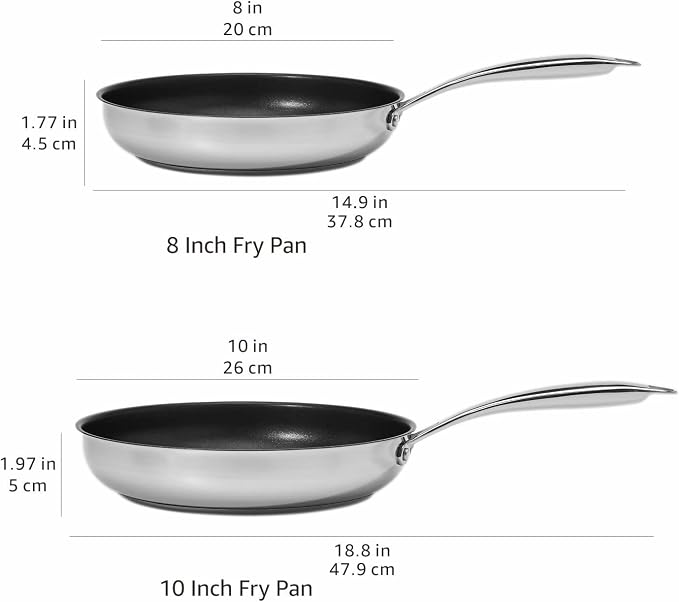Amazon Basics 2-Piece Non-Stick Stainless Steel Fry Pan Set, Oven Safe, Induction Compatible, Stay-Cool Handles, 10-Inch and 8-Inch