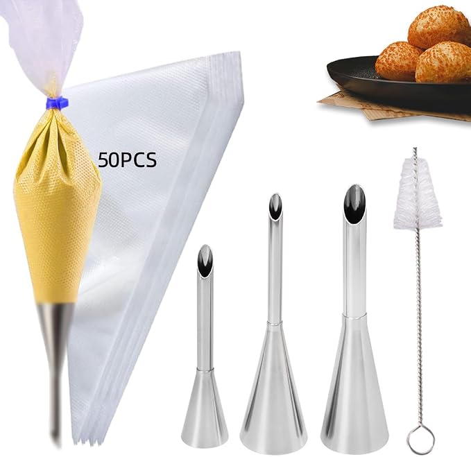 3PCS Puff Cream Filling Piping Tips with 50Piping Bags for Donuts,Eclairs | Long Piping Nozzle Tips,Puff,Eclairs,Cream Filling Nozzles,Cream Injector Tips,donut filler injector,with Tip Cleaning Brush