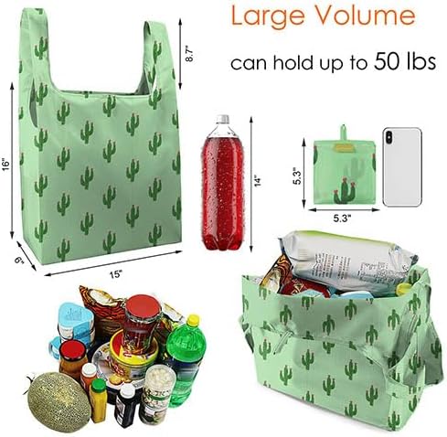 BeeGreen Geometry Reusable Grocery Bags Bulk 6 Packs X-Large, Reusable Shopping Bags Foldable for Groceries, Vegetables, Fruits Watertight Bulk Tote Bags (Cactus Rainbow Polka Dot Red Rose）