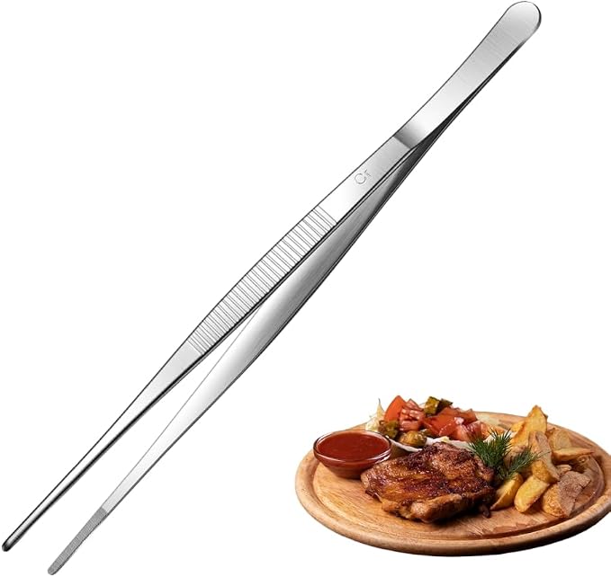 Aniso Long Tweezers, Stainless Steel, 12 Inches | Precision Serrated Tip, Cooking Tweezers Tongs， For Barbecue, Hand-Made，Steaks, Bread, Pizza, Salads