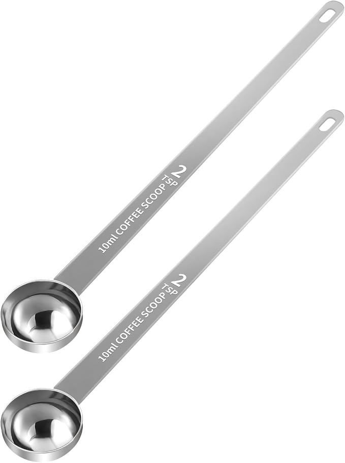 2PCS Extra Long Handle Coffee Scoop, 2Tsp(10ml) Measuring Spoon | 9.1" Length, Food-Grade Stainless Steel, Accurate Measurement, Dishwasher-Safe, Engraved Marking, Coffee Ritual Essential