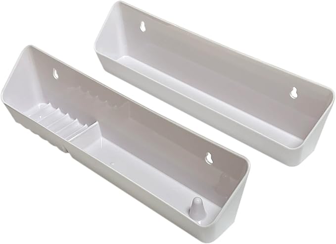 14" Kitchen Sink Front Tip-Out Accessory Trays with Mounting Screws, White, 2 Pack (Conventional Open Tray and Accessory Tray with Ring Holder and Soap Dish) Hinges are Not Included