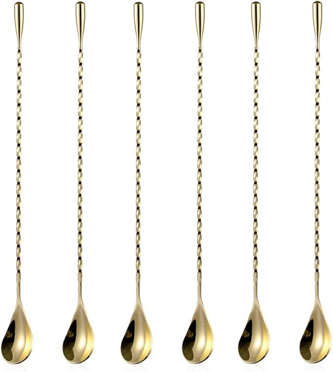 6 Pcs 12 Inch Bar Mixing Spoon Cocktail Spoon Stainless Steel Bar Long Spoon With Spiral Pattern Gold