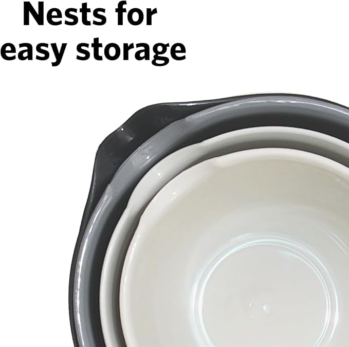 Glad Mixing Bowls with Pour Spout, Set of 4 - Nesting Plastic Bowls (1.2qt, 1.9qt, 2.8qt, and 3qt with Handle) - Non Slip Base, Dishwasher Safe Kitchen Cooking and Baking Supplies, Grey