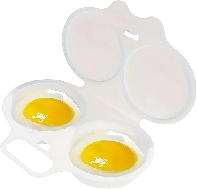 2-Cavity Nonstick Microwave Egg Poacher with Lid -White Plastic Egg Cooker for Perfect Poached Eggs