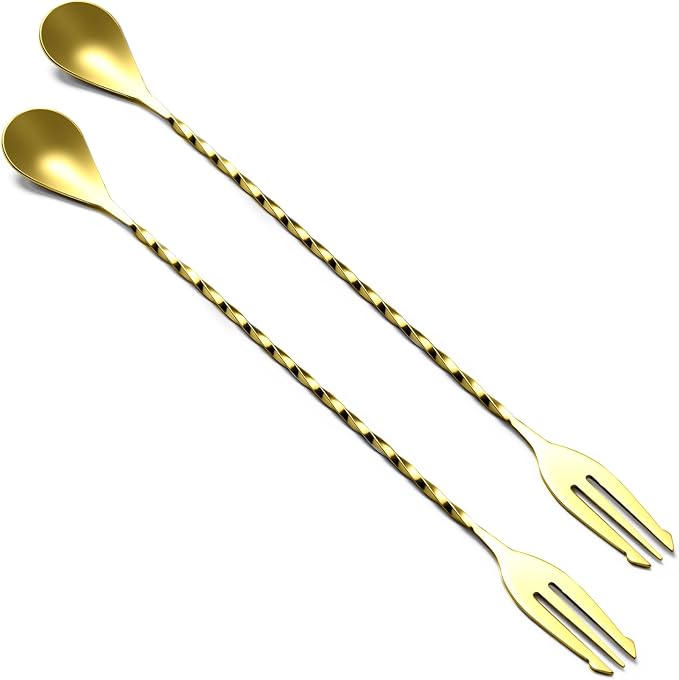 Bar Spoon Cocktail Mixing Stirrers, 2Pcs,12” with Trident Fork, Gold | 18/8 Stainless Steel, Double Ended Design, Long Drink Spoons, Trident Fork, for Stirring Coffee & Cocktails