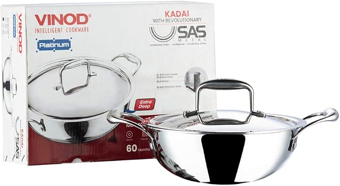 Vinod Platinum Triply Kadai with Lid, Extra Deep, 18cm, for Home Kitchen | Induction And Electric Friendly Stainless Steel Wok; Suited For Indian Sauces, Stews And Soups