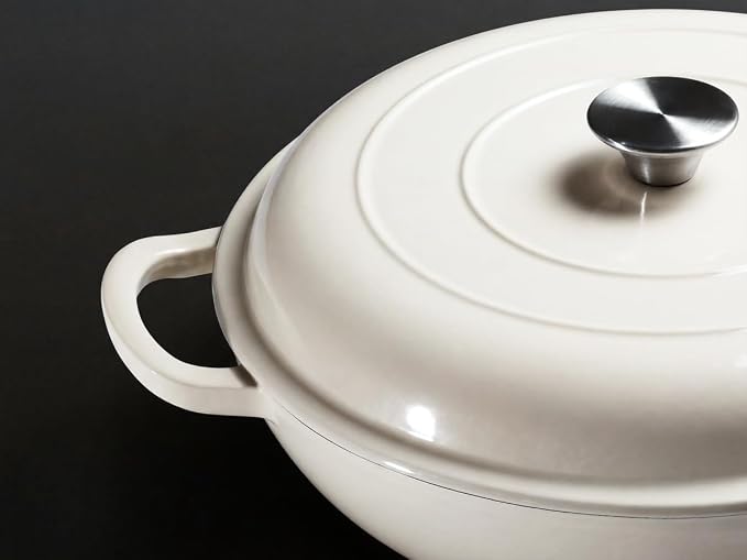 Leonyo 3.6QT Cast Iron Braiser Dutch Oven with Lid, Cream White | Nonstick Enameled Cast Iron Casserole Skillet, Cast Iron Cookware Shallow Dutch Oven with Lid for All Cooktop, Oven Safe