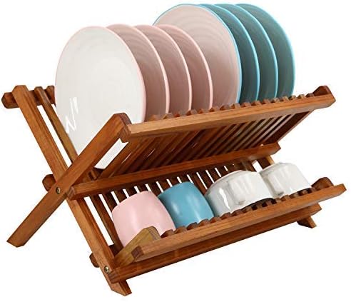 Utoplike Teak Wood Dish Drying Rack, Foldable Plate Organizer Countertop | Dishes Drainer Racks Collapsible, Small Holder for Cups, Bowls, Pans, Pots, Compact Kitchen Counter, 2 Tier, Space Saving