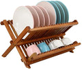 Utoplike Teak Wood Dish Drying Rack, Foldable Plate Organizer Countertop | Dishes Drainer Racks Collapsible, Small Holder for Cups, Bowls, Pans, Pots, Compact Kitchen Counter, 2 Tier, Space Saving