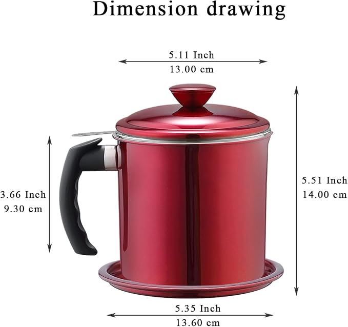 Kyraton Bacon Grease Container With Strainer, 48 oz Metal Shining Red Stainless Steel Oil Container, Pot Fat Storage With Lid, Easy Grip Handle Suitable For Storing Frying Oil And Cooking Grease