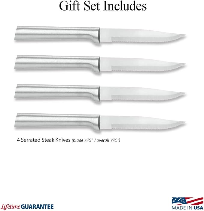 RADA Cutlery Four Serrated Steak Knives Gift Set (S4S), Silver | 4-Piece Knife Set , Stainless Steel Blade, Cast Aluminum Handle