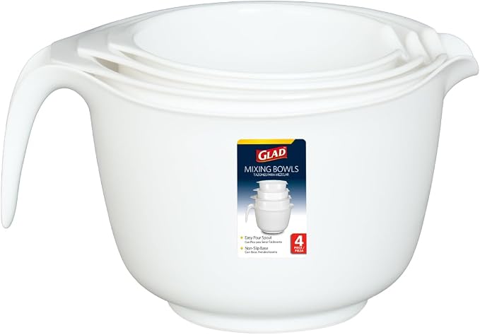 Glad Mixing Bowls with Pour Spout, Set of 4 - Nesting Plastic Bowls (1.2qt, 1.9qt, 2.8qt, and 3qt with Handle) - Non Slip Base, Dishwasher Safe Kitchen Cooking and Baking Supplies, Grey