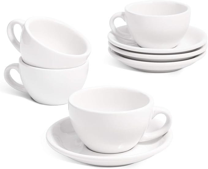 LE TAUCI 6 oz Cappuccino Cups with Saucers, Set of 4 Ceramic Coffee Cup and Saucer Set for Latte, Au Lait, Flat White, Mocha, Tea, Embossed Coffee Cups, White