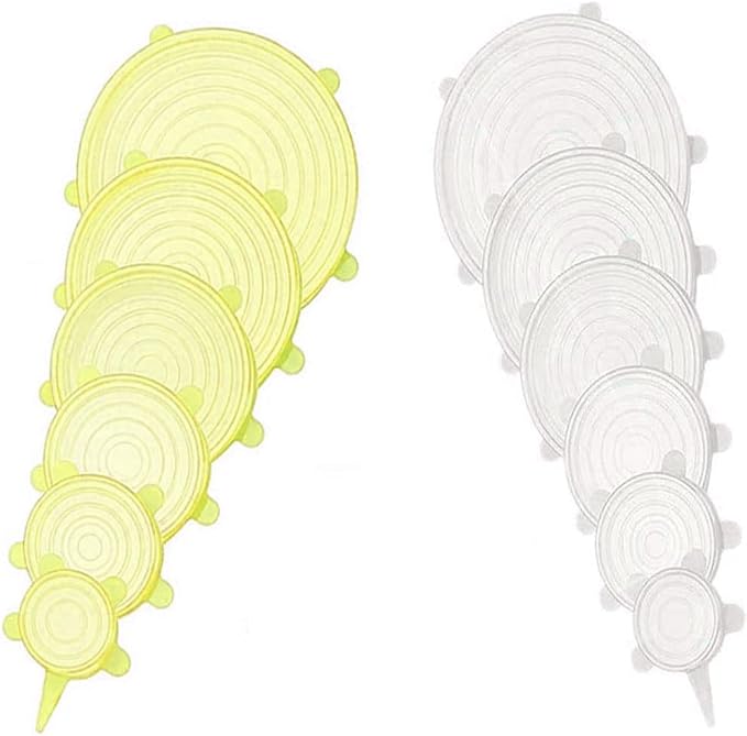 12 pcs Silicone Stretch lids set, 6 Sizes, Reusable Food Storage Covers ，Silicone Bowl Covers，Flexible to Fit All Shape of Containers， Food Cover to Keep Food Fresh (white,yellow)
