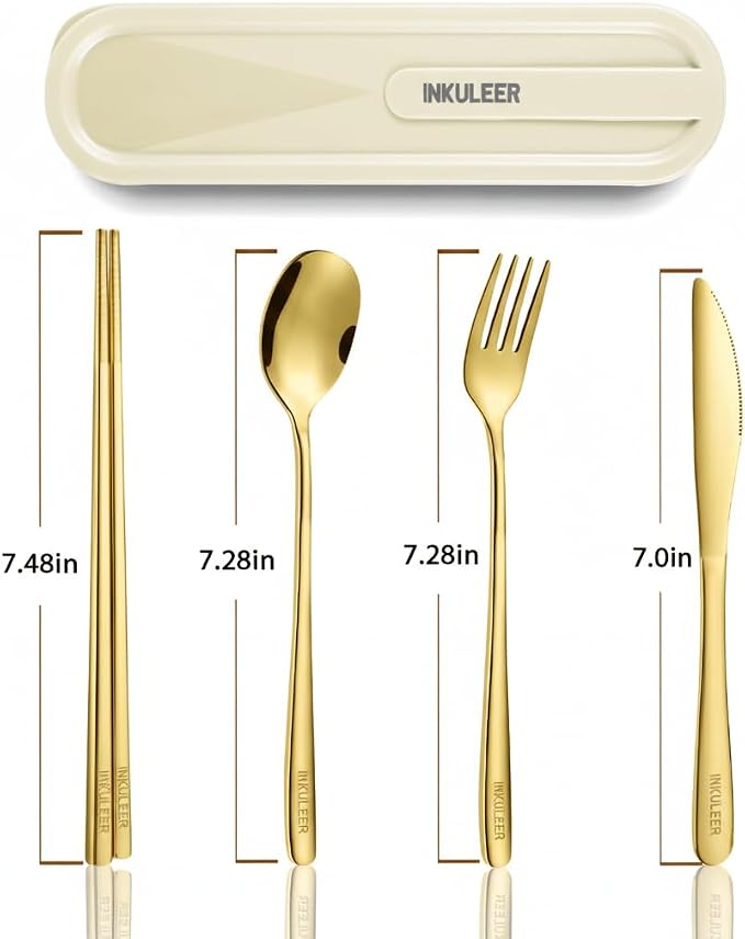 iNKULEER Travel cutlery set, 18/8 stainless steel cutlery, Reusable utensils set with case, Portable Silverware Lunch Box for Camping and Office-Stainless steel