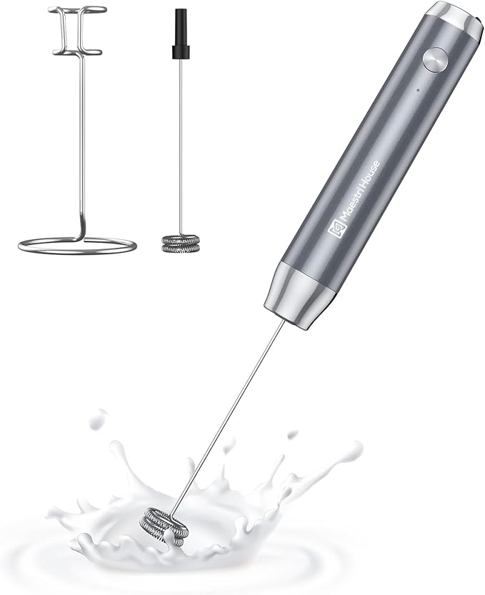 Maestri House LunaFro Rechargeable Milk Frother,Stand & 2 Detachable Whisks | 8000RPM Turbo Motor, 1200mAh lithium battery, Handheld Milk Frother for Lattes, Cappuccino, Matcha & Powdered Supplements