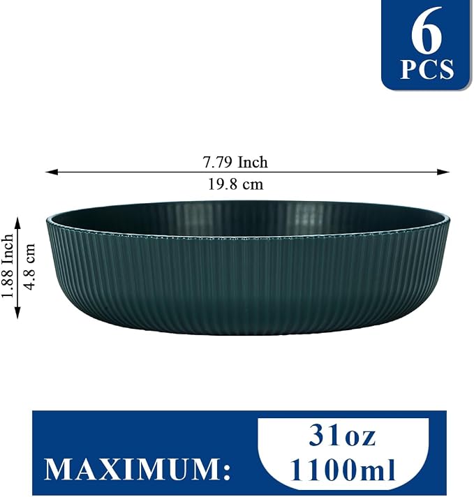 HOMQUEN Pasta Bowls Set of 6, 37oz Salad Bowls Green Soup Bowls, Large Pasta Serving Bowls, Unbreakable Plastic Dinner Bowls, Dinnerware Sets,Valentines Day Gift, Dishwasher Safe (Green)