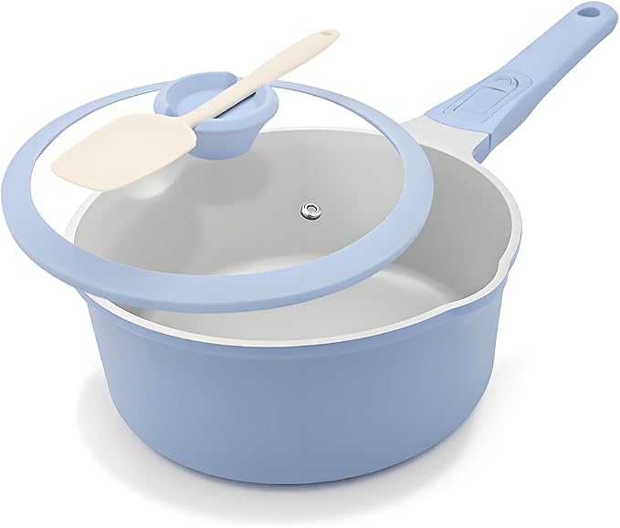AIKENBBKK Sauce Pan with Lid, 2 Qt Ceramic Saucepan with Lid, Non Stick Sauce Pan, Milk Pot & Sauce Pot & Saucepan with Pour Spout, Detachable Handle Milk Pan, Induction Compatible, Oven Safe, Blue
