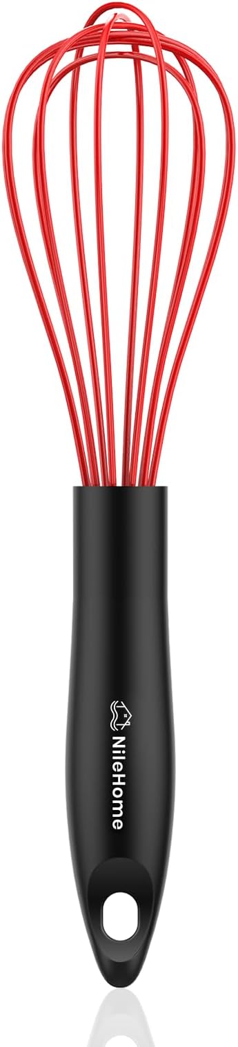 NileHome Silicone Whisk 10", Kitchen Whisk Kitchen Wisk Wire Whisks for Cooking, Whisking, Blending, Beating, Stirring-Red