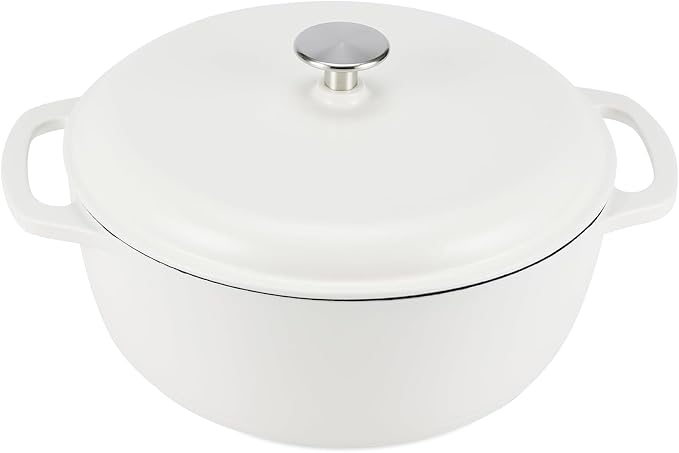 Amazon Basics Enameled Cast Iron Dutch Oven Pot with Lid, Round, Dual Handles, Heavy-Duty, Oven Safe for Stews, Roasting, Baking, 7.3-Quart, Matte White