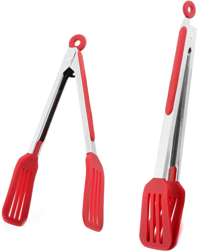 Cooking Tongs 9" and 12" Stainless Steel Kitchen Silicone Serving Tongs | Heat Resistant Meat Turner Spatula Tong Fish Tongs for Grilling Steak Salad Pasta Buffet Serving (Red)